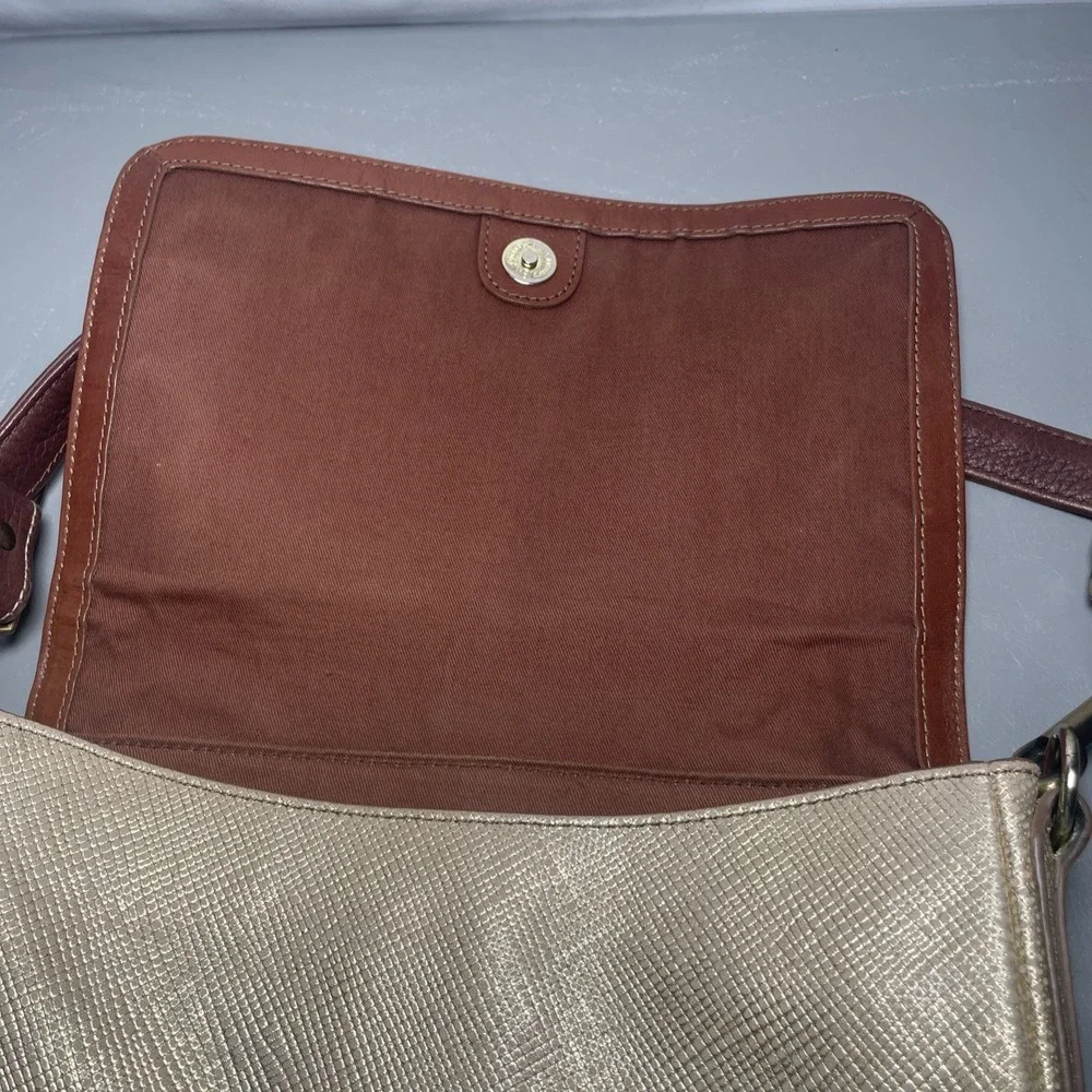 Fossil Distressed Metallic Gold Leather Flap Crossbody Messenger Bag